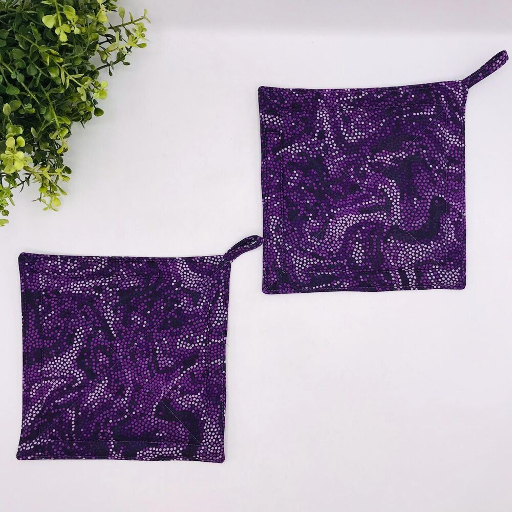 2 Square Potholders,  Purple Swirled Dots, Cottage Core Kitchen 7x7 Inches
